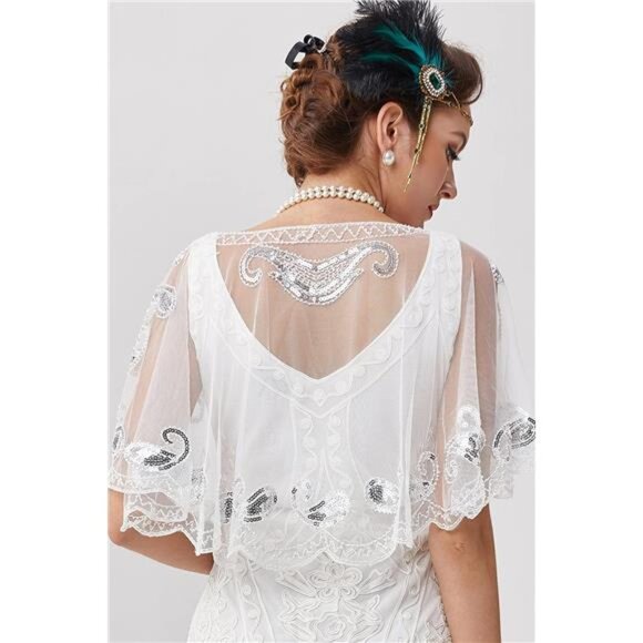 Shawl Wraps Sequin Beaded Cape White - Picture 4 of 6